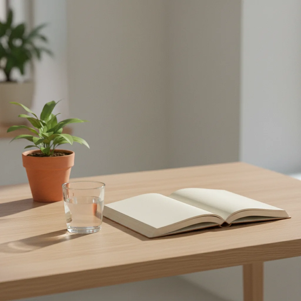 A tidy workspace with a notebook, a small plant and a glass of water on a light wooden desk