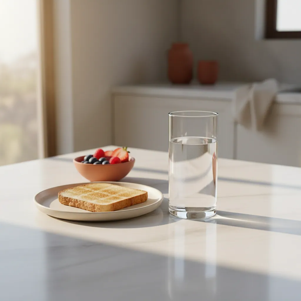 A glass of water beside a light breakfast on a bright kitchen table, morning sunlight