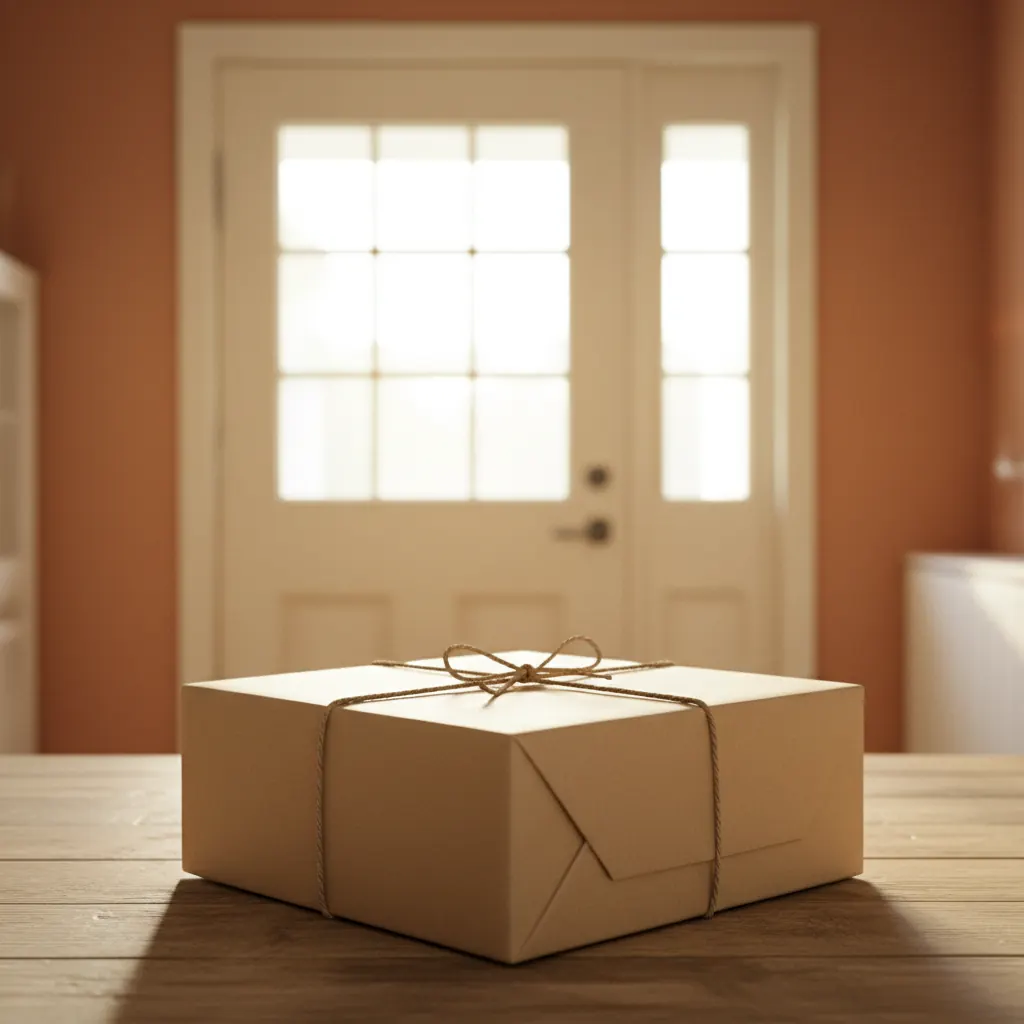 A neat kraft paper parcel box on a doorstep table, ready for collection