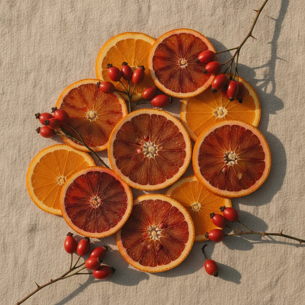 Sliced oranges and rosehip fruits on a cream linen cloth, natural light
