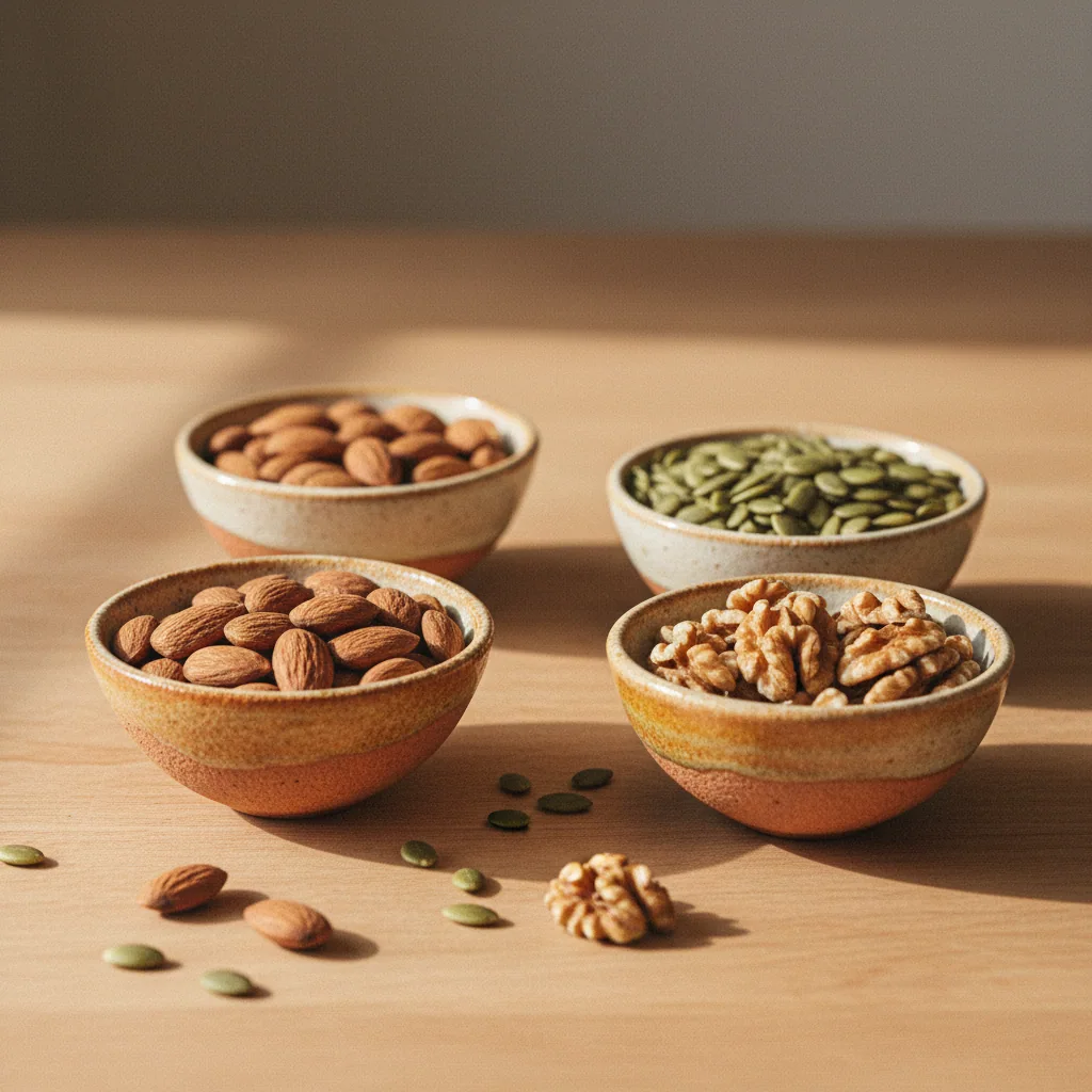 Mixed nuts, pumpkin seeds and wholegrains in ceramic bowls on a wooden surface