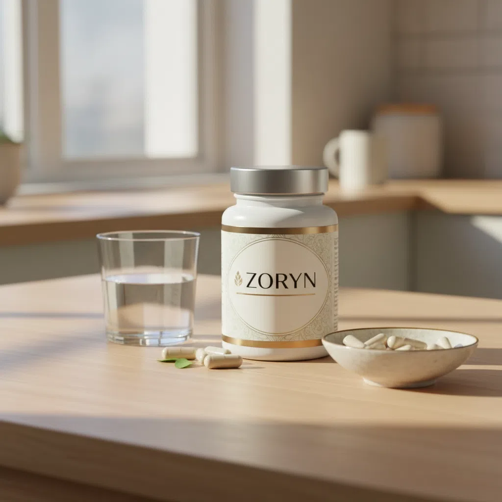 Zoryn supplement jar with wooden lid on a kitchen table next to a glass of water